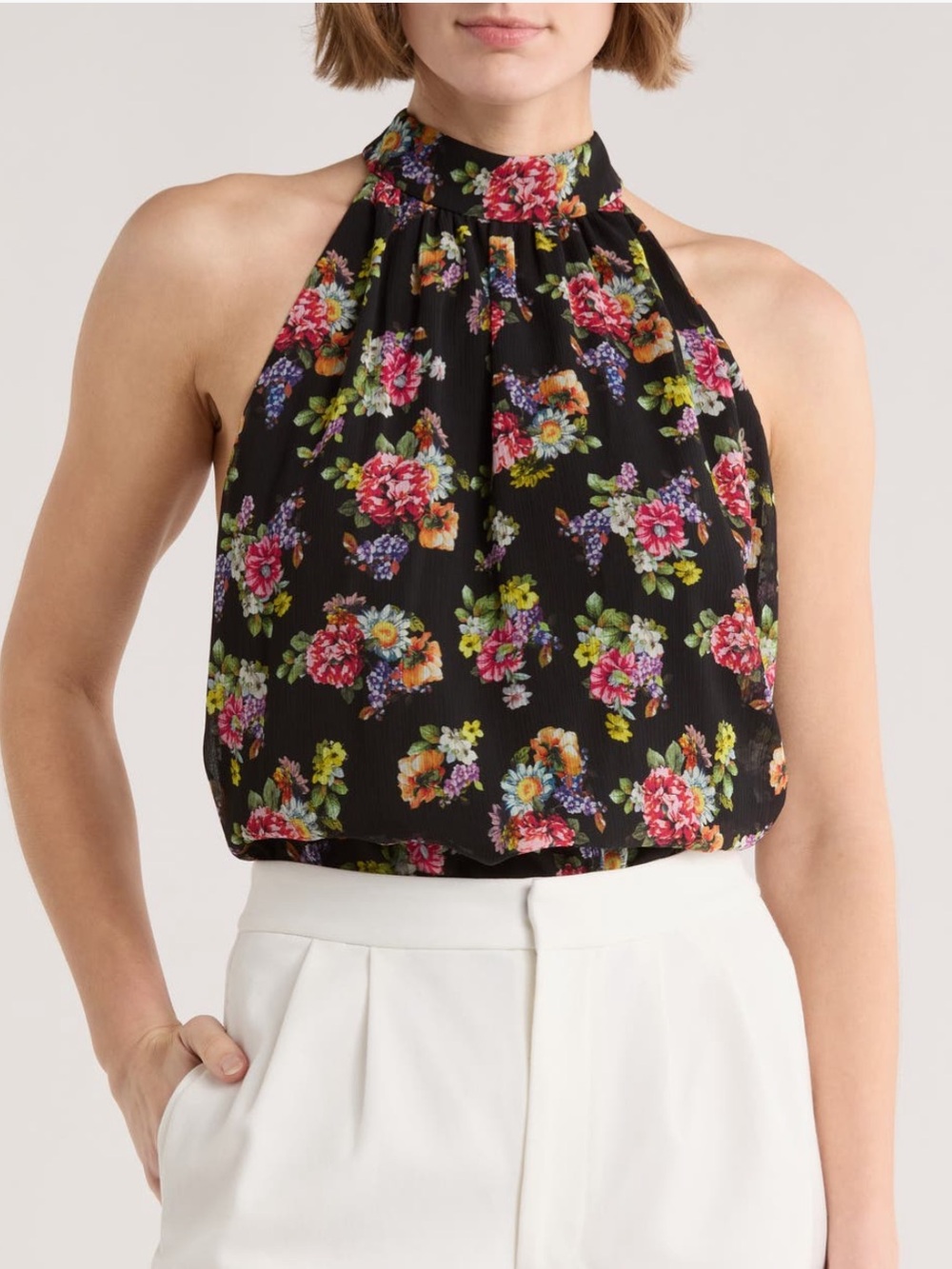 Floral Halter Neck Crop Top - Black